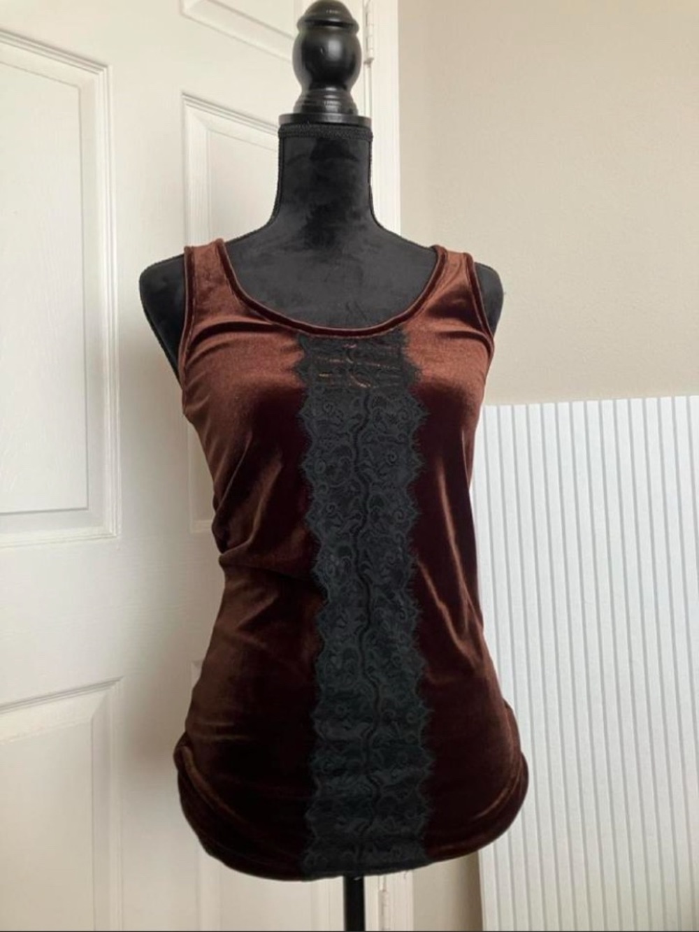 Velvet Scoop Neck Tank with Black Lace Front Panel